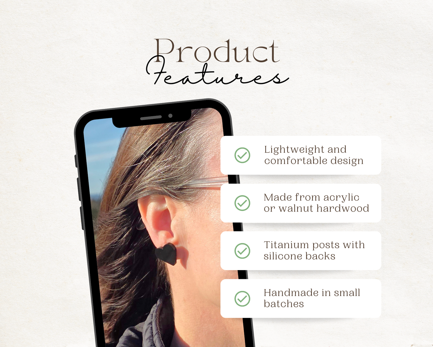 Heart stud earring product features: lightweight, acrylic or walnut hardwood, titanium posts, silicone backs, handmade in small batches