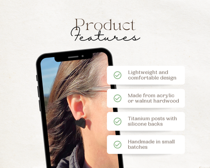 Heart stud earring product features: lightweight, acrylic or walnut hardwood, titanium posts, silicone backs, handmade in small batches