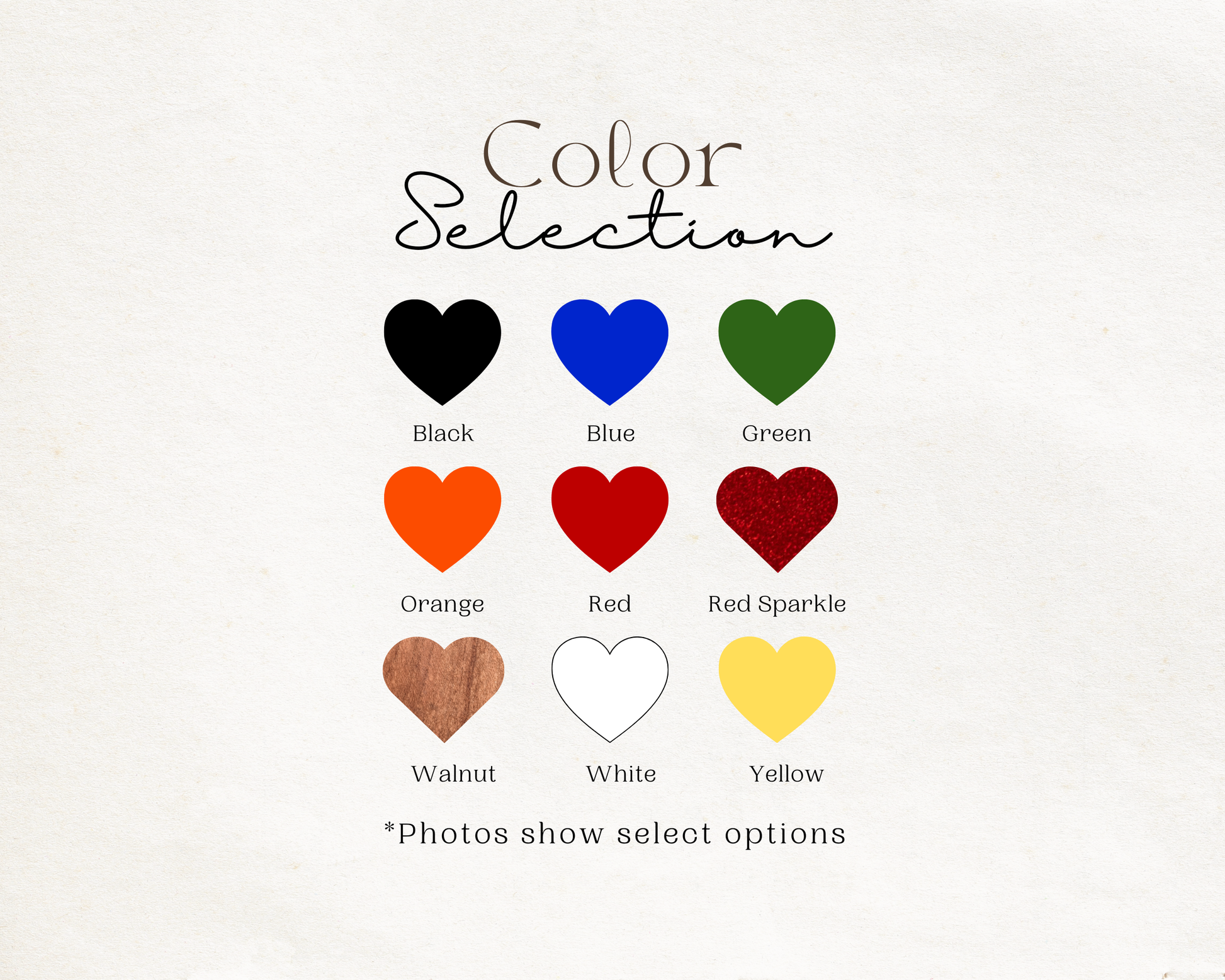 Heart stud earring color options chart: Black, Blue, Green, Orange, Red, Red Sparkle, Walnut, White, Yellow acrylic and wood earrings