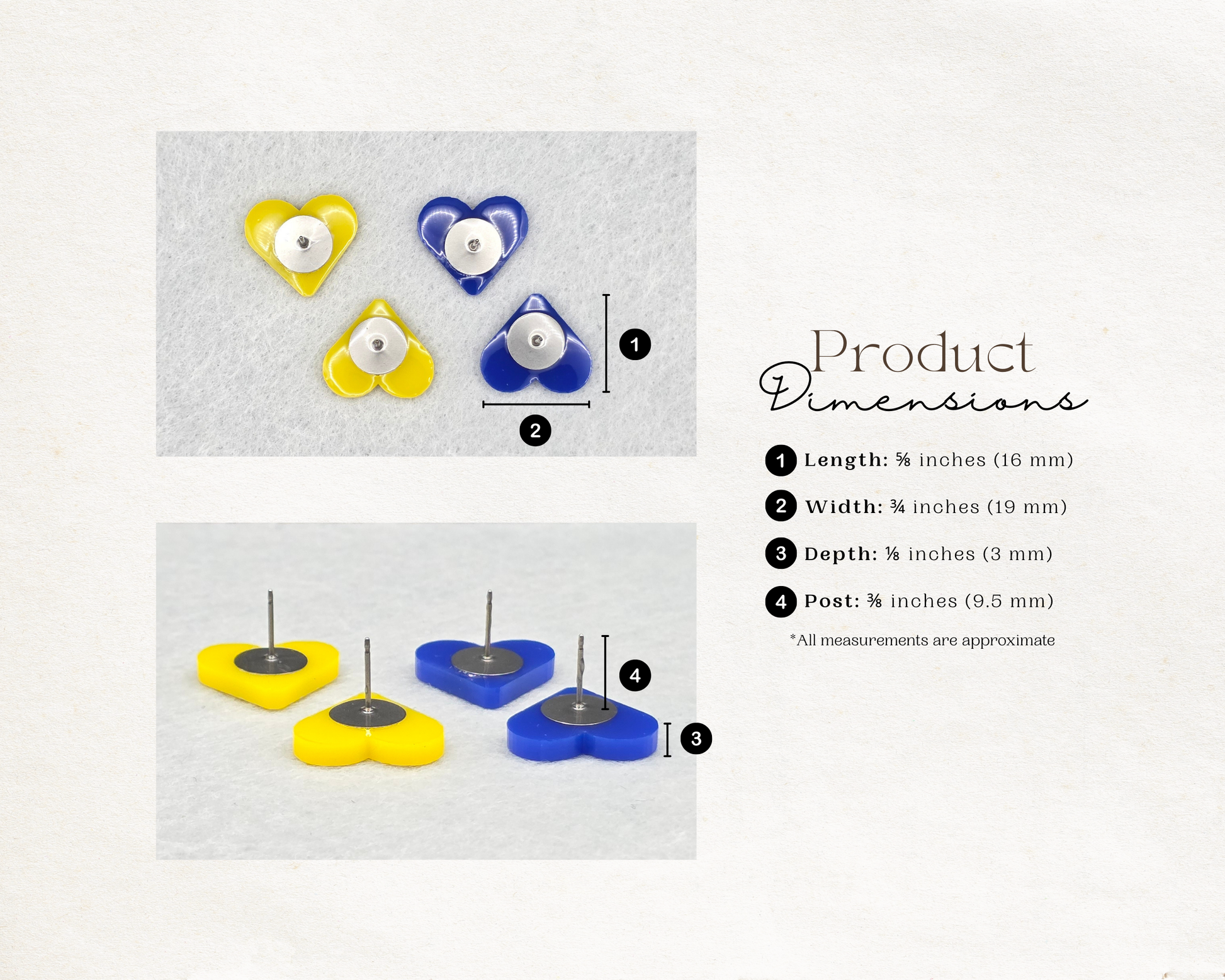 Heart stud earring dimensions: 5/8 inch H, 3/4 inch W, 1/8 inch D, post 3/8 inch, shown with yellow and blue acrylic stud earrings