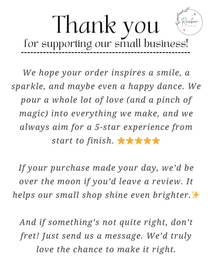 Rainbow Charlie thank you insert card for handmade orders, with a whimsical message asking buyers to leave a 5-star Etsy review. Mentions handcrafted care, small business support, and customer satisfaction guarantee. Features stars and sparkles with a minimalist, magical design.