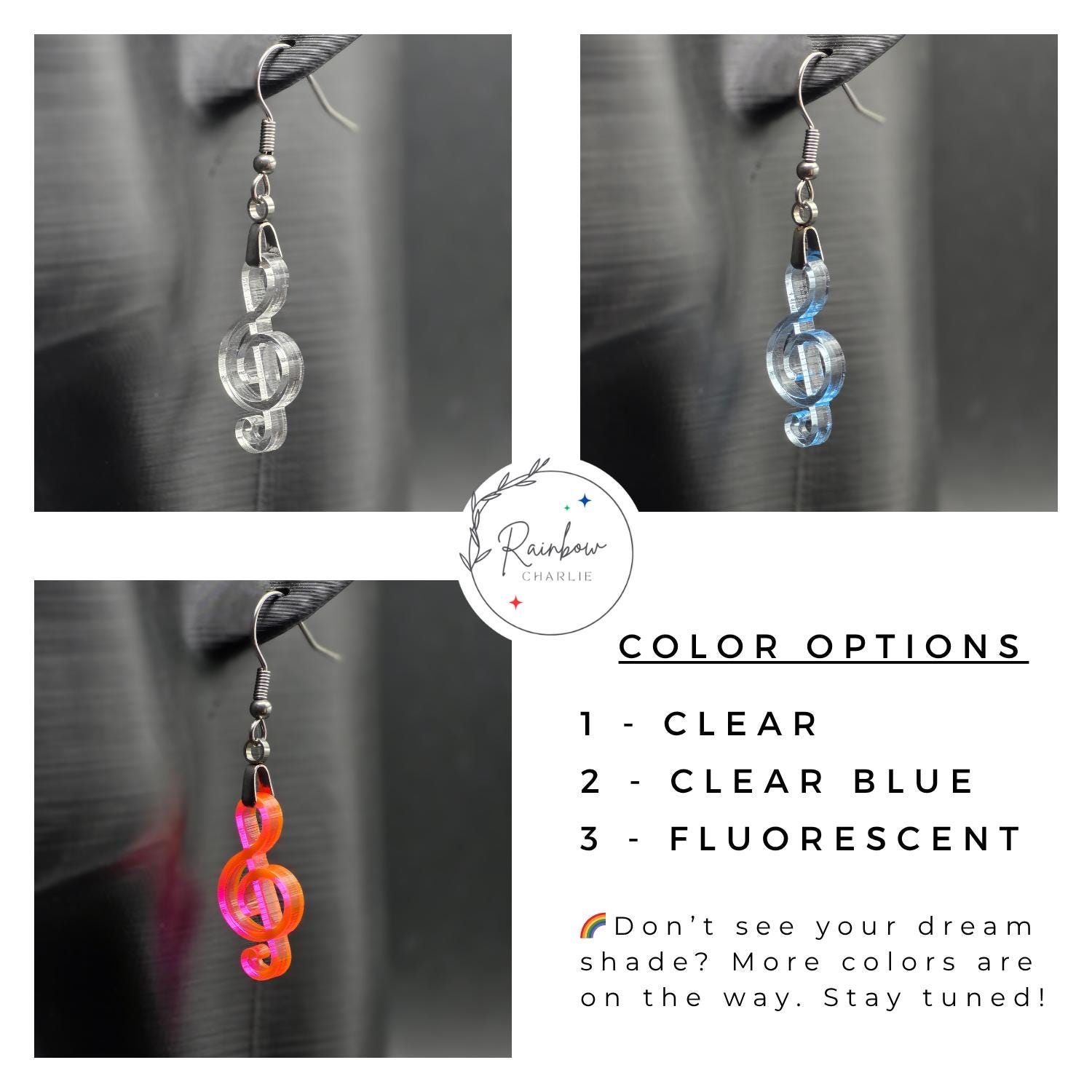Three laser-cut acrylic treble clef earrings shown individually to highlight color options: clear, clear blue, and fluorescent. Text on image notes color variants and hints at more coming soon.