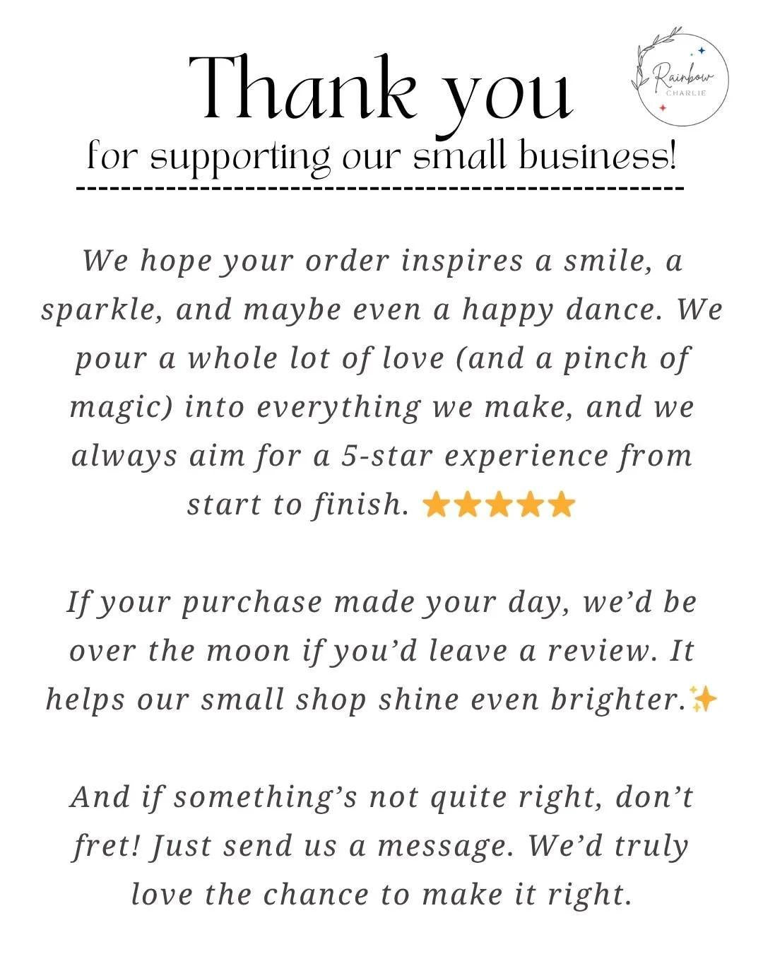 Rainbow Charlie thank you insert card for handmade orders, with a whimsical message asking buyers to leave a 5-star Etsy review or reach out so that the seller can correct any issues. Mentions handcrafted care, small business support, and customer satisfaction guarantee. Features stars and sparkles with a minimalist, magical design.