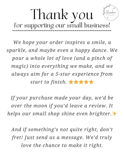 Rainbow Charlie thank you insert card for handmade orders, with a whimsical message asking buyers to leave a 5-star Etsy review or reach out so that the seller can correct any issues. Mentions handcrafted care, small business support, and customer satisfaction guarantee. Features stars and sparkles with a minimalist, magical design.