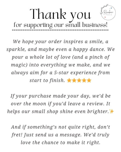 Rainbow Charlie thank you insert card for handmade orders, with a whimsical message asking buyers to leave a 5-star Etsy review or reach out so that the seller can correct any issues. Mentions handcrafted care, small business support, and customer satisfaction guarantee. Features stars and sparkles with a minimalist, magical design.