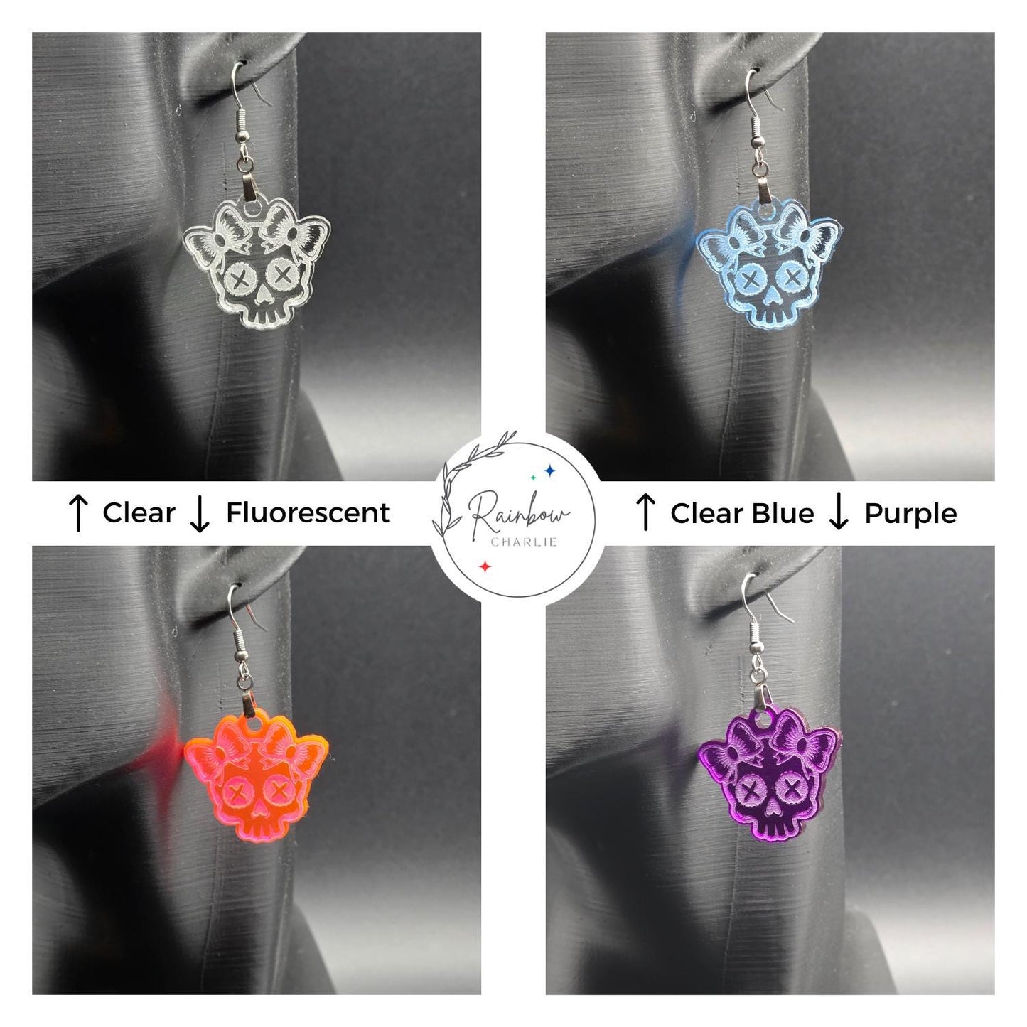 Four skull-shaped acrylic earrings with bows displayed on a mannequin. Top left: clear; top right: clear blue; bottom left: fluorescent; bottom right: purple. Central Rainbow Charlie logo with labeled color directions.