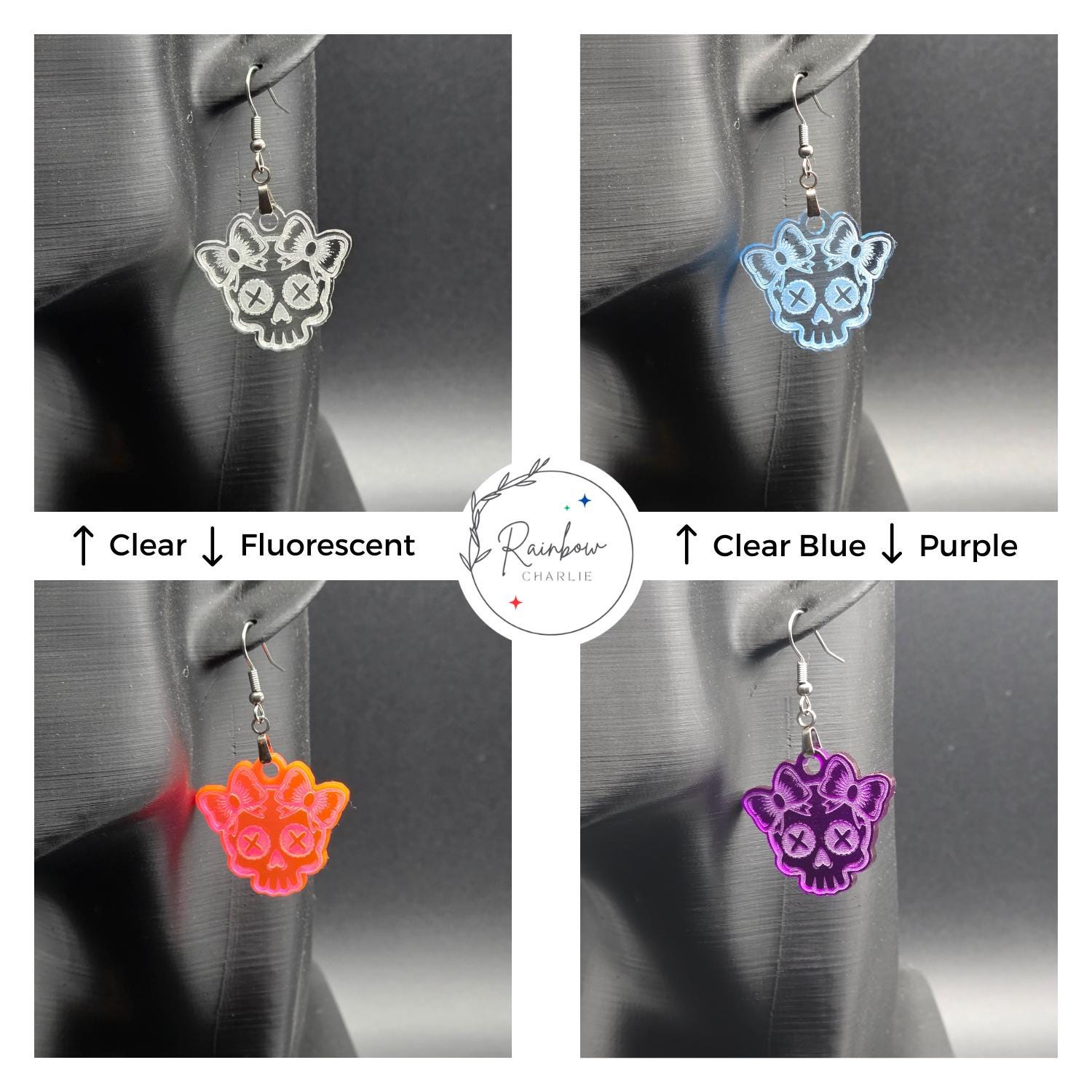 Four skull-shaped acrylic earrings with bows displayed on a mannequin. Top left: clear; top right: clear blue; bottom left: fluorescent; bottom right: purple. Central Rainbow Charlie logo with labeled color directions.