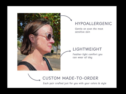 Lifestyle image of a woman wearing wooden skull earrings, paired with overlay text highlighting key product features: hypoallergenic, lightweight, and custom made-to-order. Arrows connect each benefit to the worn earring for visual clarity.
