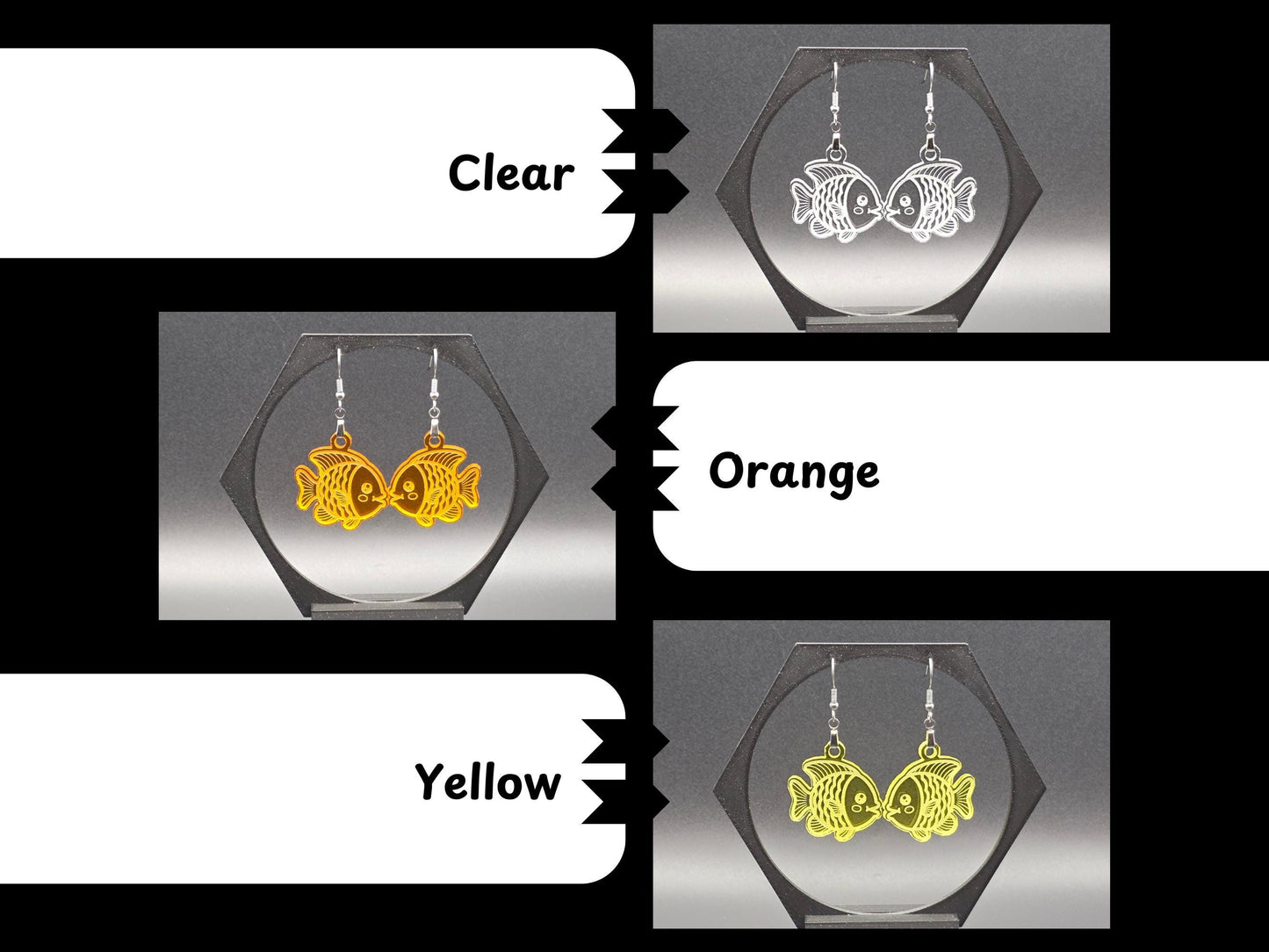 A product graphic showing three color options for goldfish earrings: clear, orange, and yellow. Each pair of laser-cut acrylic fish earrings is displayed on a black hexagon stand with labels for easy comparison.