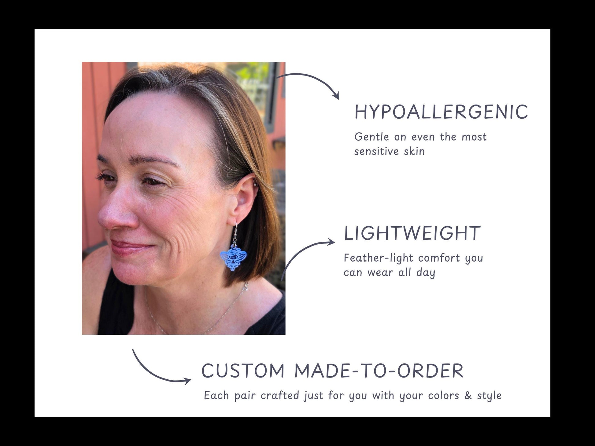 Infographic showing a woman wearing clear blue fairy earrings with text highlighting key features: hypoallergenic, lightweight, and custom made-to-order. Arrows point to the jewelry details, emphasizing comfort and craftsmanship.