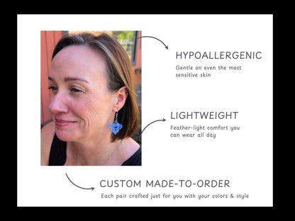 Infographic showing a woman wearing clear blue fairy earrings with text highlighting key features: hypoallergenic, lightweight, and custom made-to-order. Arrows point to the jewelry details, emphasizing comfort and craftsmanship.