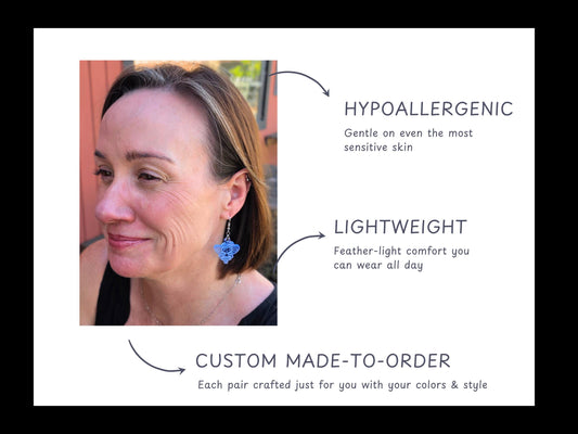 Infographic showing a woman wearing clear blue fairy earrings with text highlighting key features: hypoallergenic, lightweight, and custom made-to-order. Arrows point to the jewelry details, emphasizing comfort and craftsmanship.