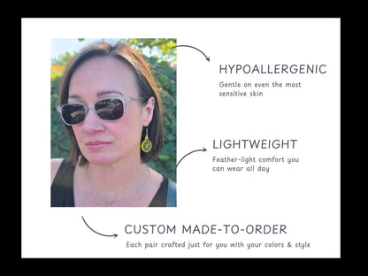 Photo of a woman wearing yellow acrylic citrus earrings with overlayed text highlighting product benefits: hypoallergenic, lightweight, and custom made-to-order. Arrows point to each feature for emphasis.