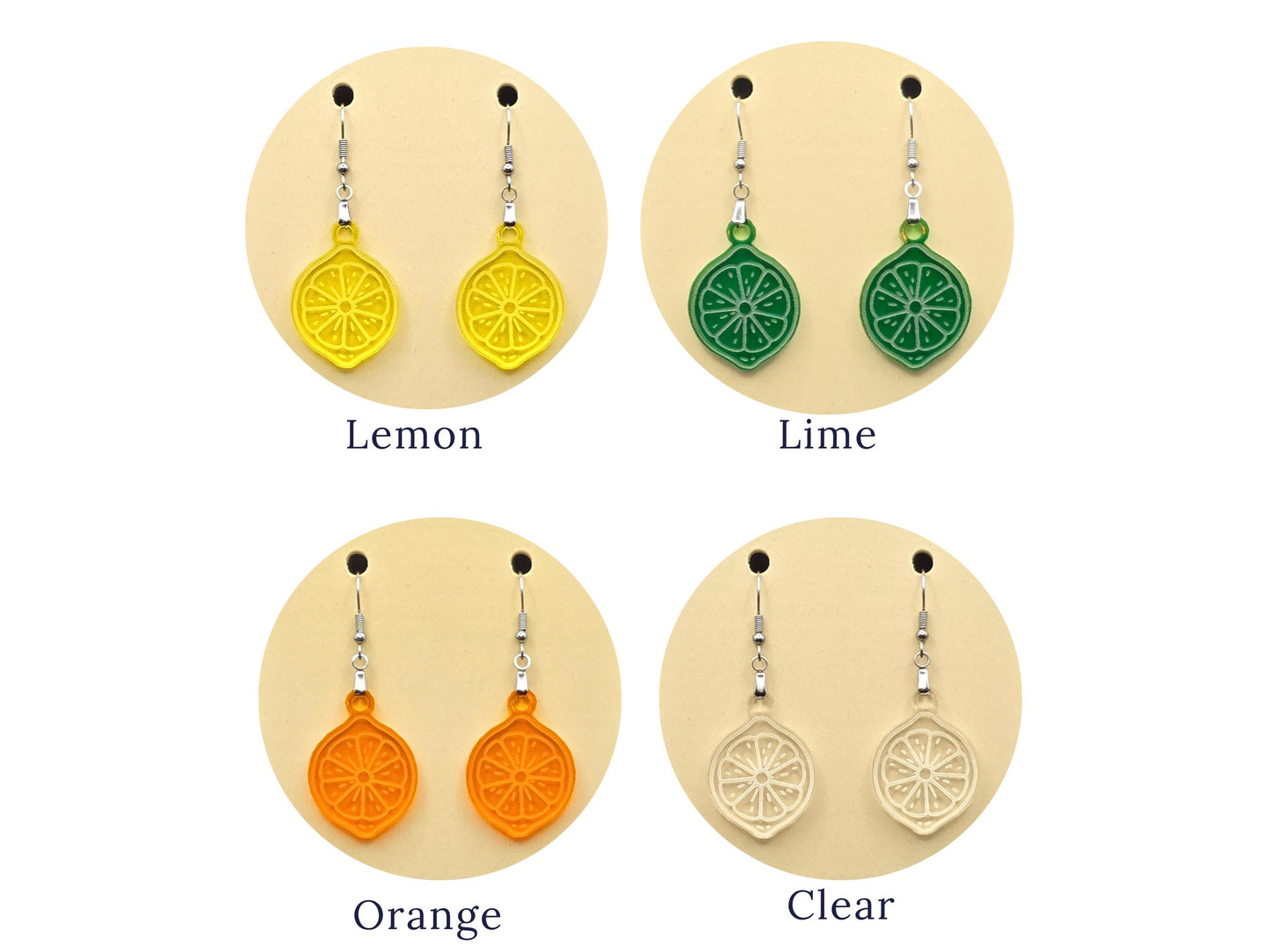 Four pairs of acrylic citrus slice earrings shown in color options: lemon yellow, lime green, orange, and clear. Each pair is displayed on a round beige background with labeled text beneath each color.