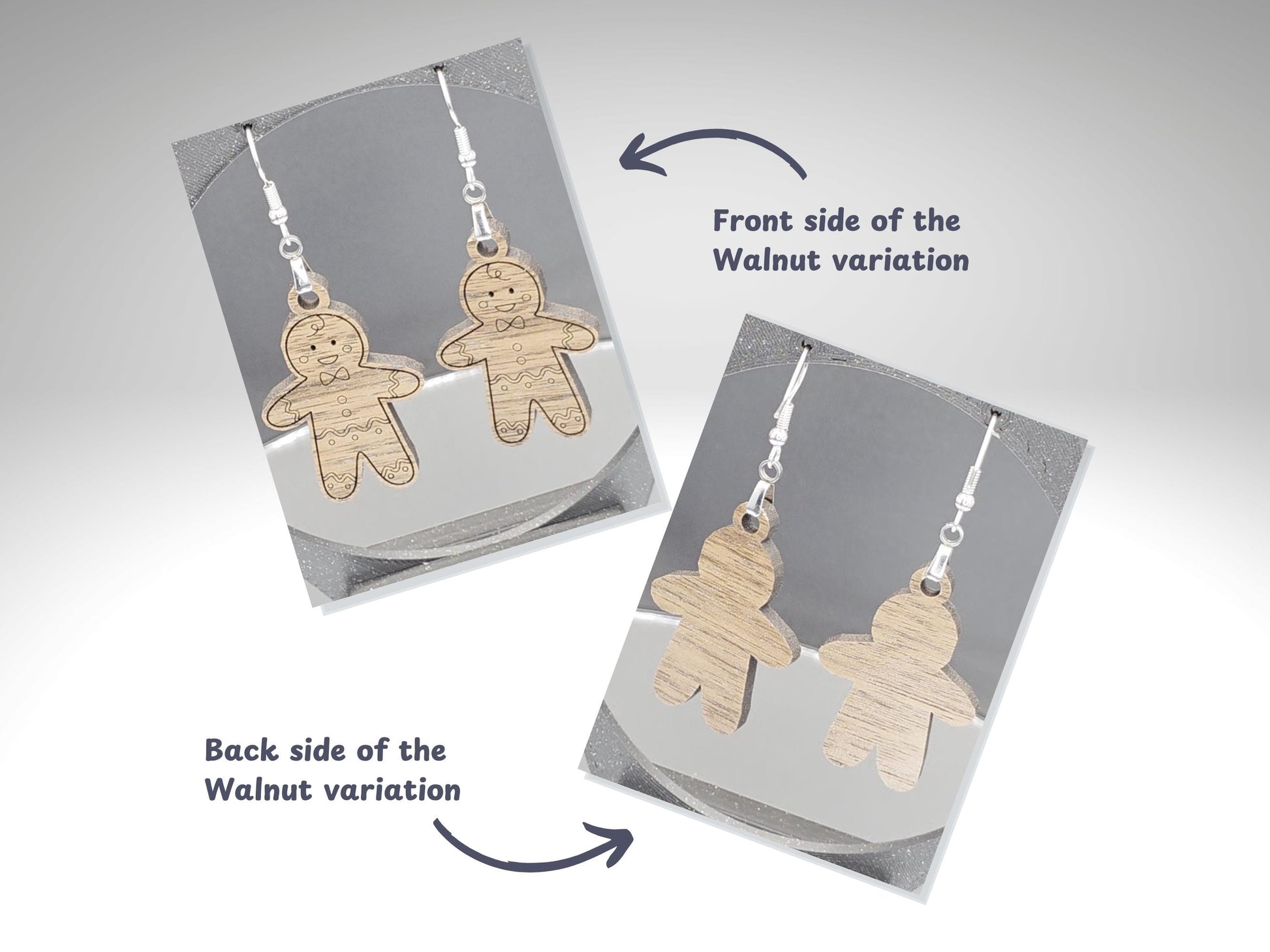 Two product images comparing the front and back of walnut wood gingerbread man earrings. The front shows laser-engraved holiday cookie details; the back displays natural wood grain. Labels read “Front side” and “Back side of the Walnut variation.”