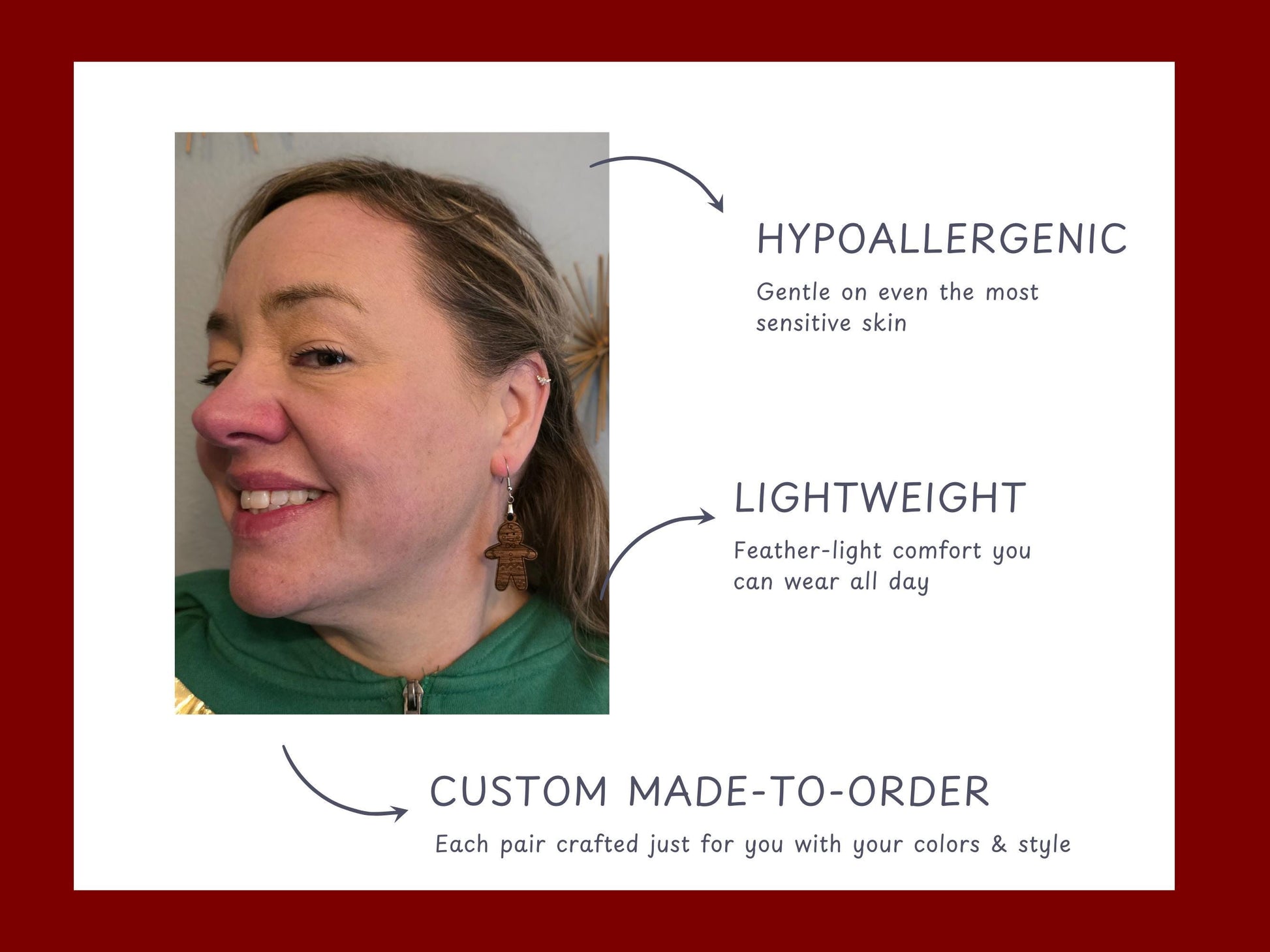 Photo collage highlighting features of Rainbow Charlie’s handmade gingerbread man earrings. A woman wears the walnut wood version, smiling against a neutral background. Text overlays note “Hypoallergenic,” “Lightweight,” and “Custom Made-to-Order.”