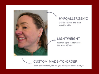 Photo collage highlighting features of Rainbow Charlie’s handmade gingerbread man earrings. A woman wears the walnut wood version, smiling against a neutral background. Text overlays note “Hypoallergenic,” “Lightweight,” and “Custom Made-to-Order.”