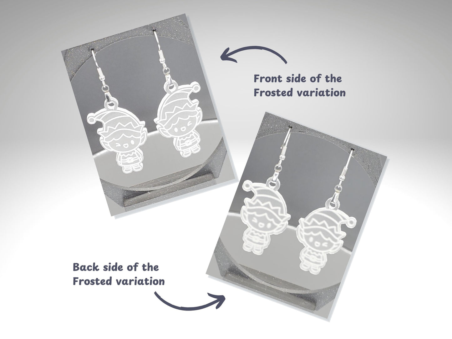 Two photos showing the front and back of the frosted acrylic elf earrings. The left image depicts the engraved front design with bright white etched details, while the right image shows the softly frosted translucent back. Earrings hang from stainless steel hooks on a dark gray display card.