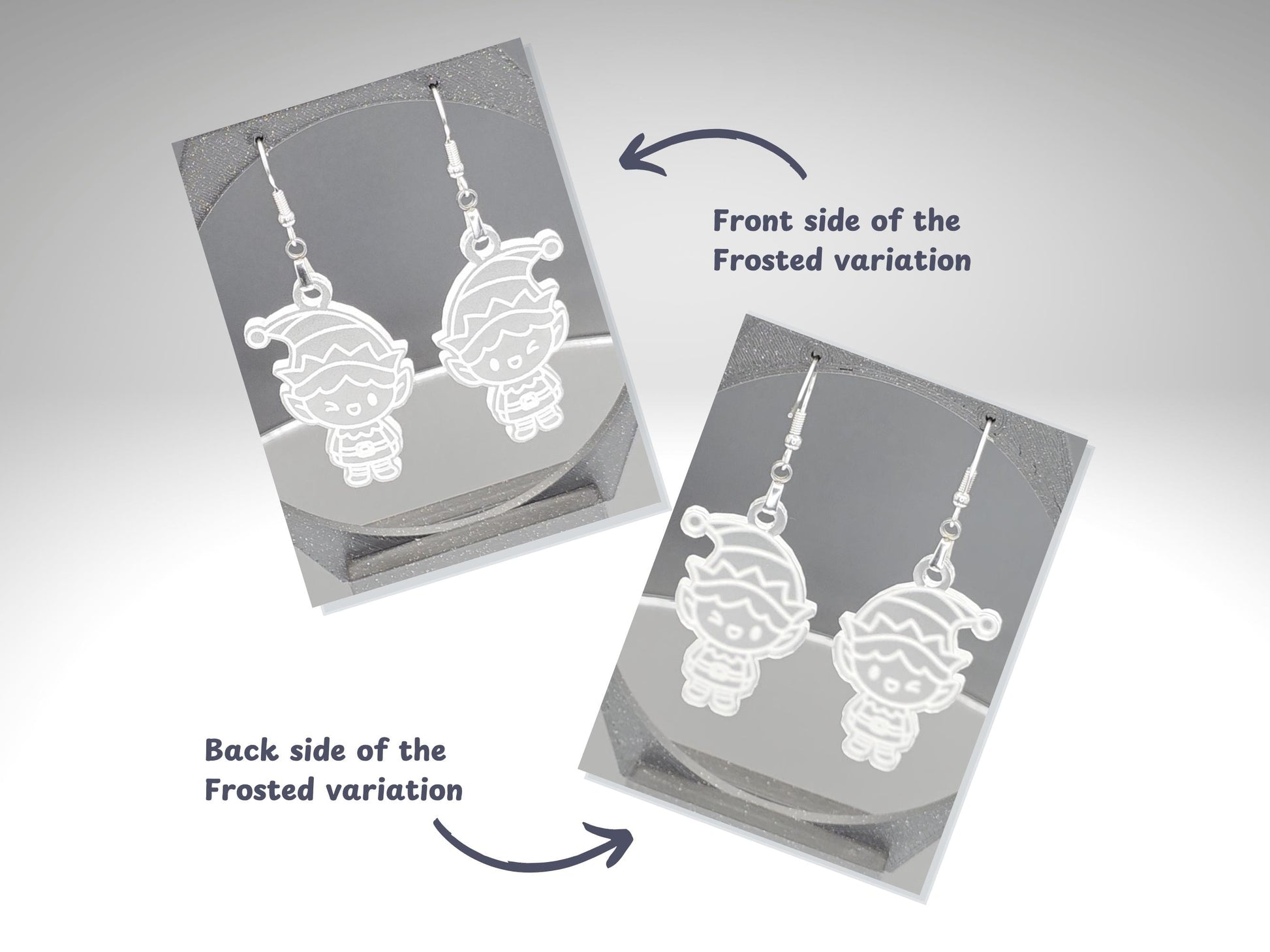 Two photos showing the front and back of the frosted acrylic elf earrings. The left image depicts the engraved front design with bright white etched details, while the right image shows the softly frosted translucent back. Earrings hang from stainless steel hooks on a dark gray display card.
