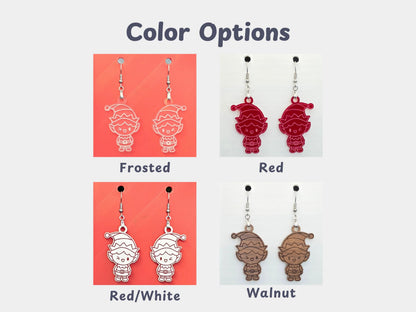 Four-image grid displaying all color options for the elf dangle earrings: frosted acrylic, red acrylic, red and white acrylic, and walnut wood. Each pair is shown hanging from nickel-free stainless steel hooks on display cards.