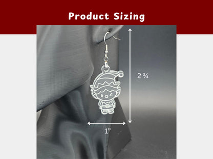 Frosted acrylic elf earring displayed on a matte black mannequin head with measurement lines indicating size: 2¾ inches tall and 1 inch wide. Nickel-free stainless steel hook attachment is visible.