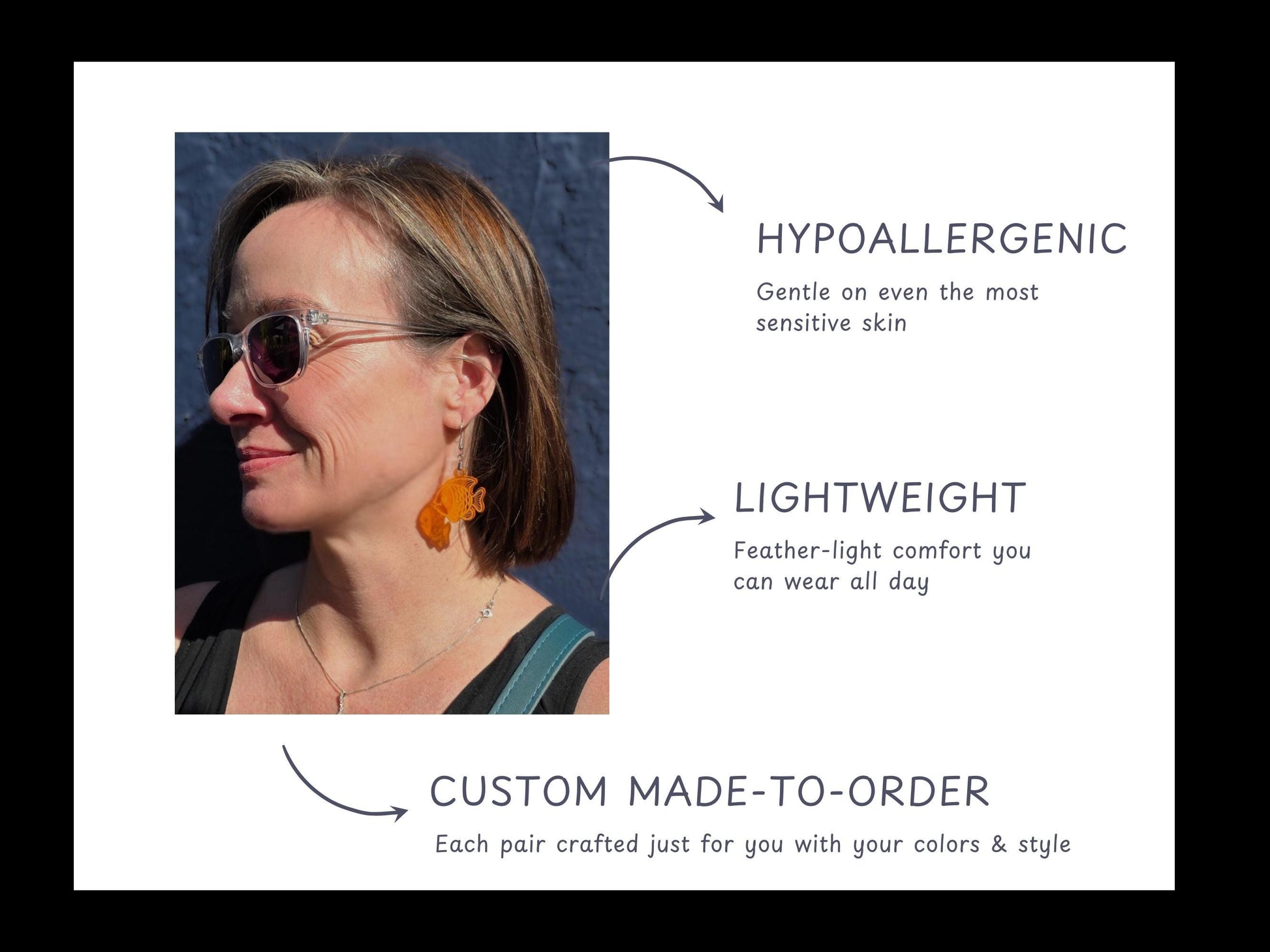 Promotional graphic showing key features of the goldfish earrings: hypoallergenic for sensitive skin, lightweight for all-day comfort, and custom made-to-order. Includes a model photo wearing orange earrings.