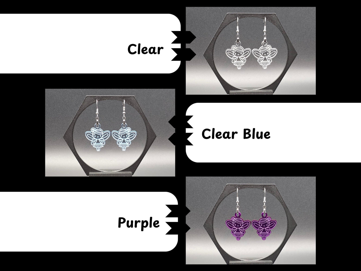 Collage image showing three color variations of Rainbow Charlie’s Fairy Earrings: clear, clear blue, and purple. Each pair is displayed in a black hexagonal jewelry stand with labeled sections indicating the available colors.
