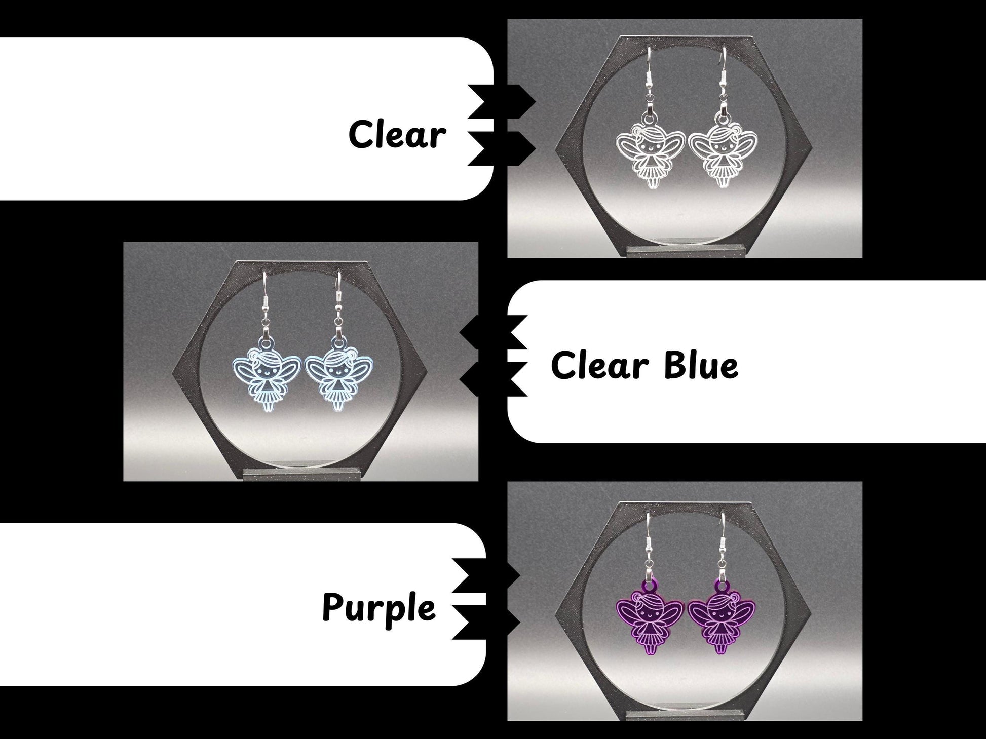 Collage image showing three color variations of Rainbow Charlie’s Fairy Earrings: clear, clear blue, and purple. Each pair is displayed in a black hexagonal jewelry stand with labeled sections indicating the available colors.