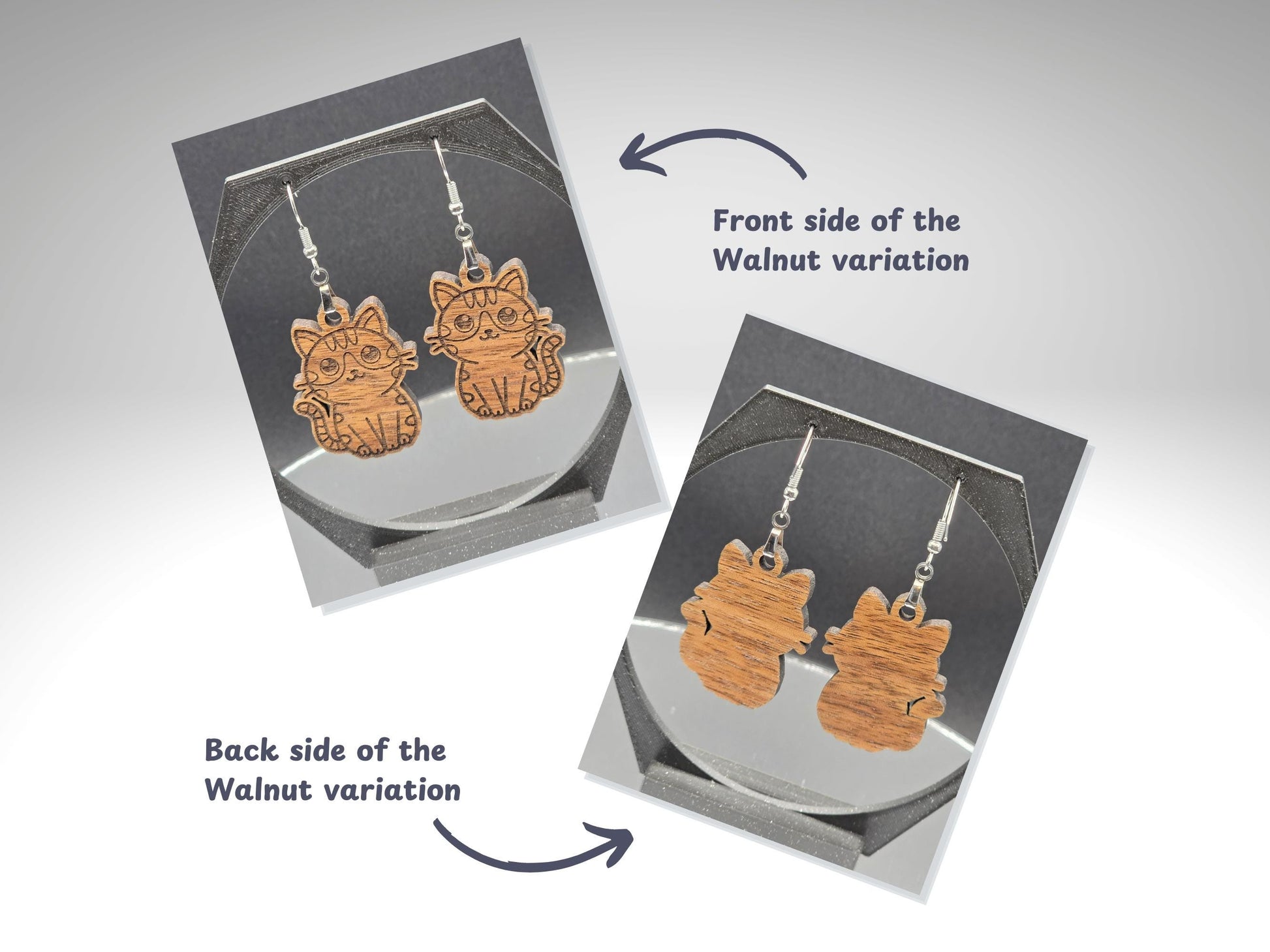 Front and back view of walnut wood cat earrings. The front side shows engraved cat details, while the back shows the natural wood grain without engraving. Text labels and arrows indicate the front and back sides.