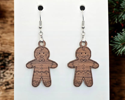 Gingerbread Man Earrings: Handmade, Lightweight, Hypoallergenic, Walnut or Acrylic Christmas Jewelry