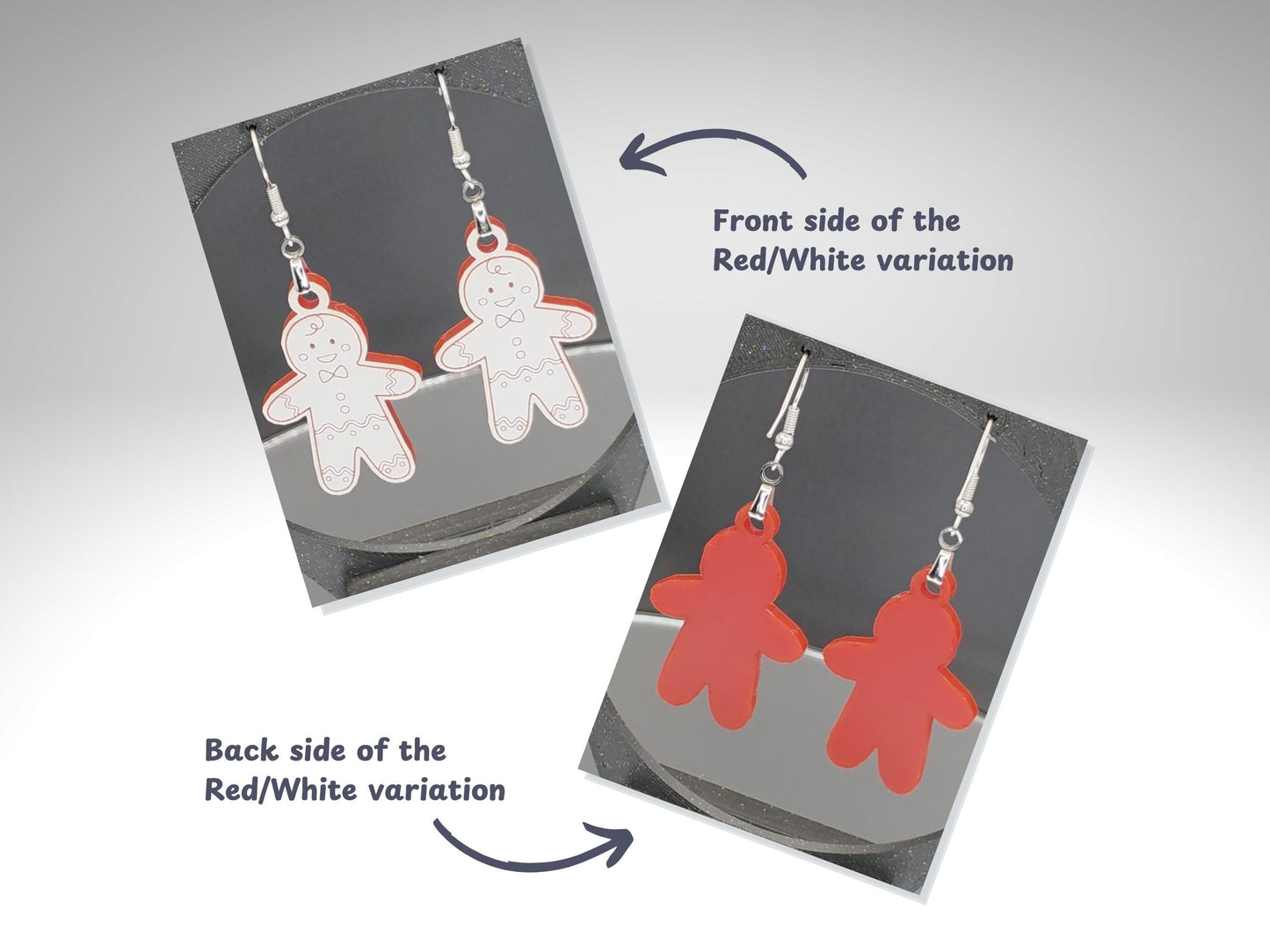 Two images side-by-side showing front and back of red-and-white acrylic gingerbread man earrings. The front has engraved white cookie details with red outline; the back is solid red. Labels indicate “Front side” and “Back side of the Red/White variation.”