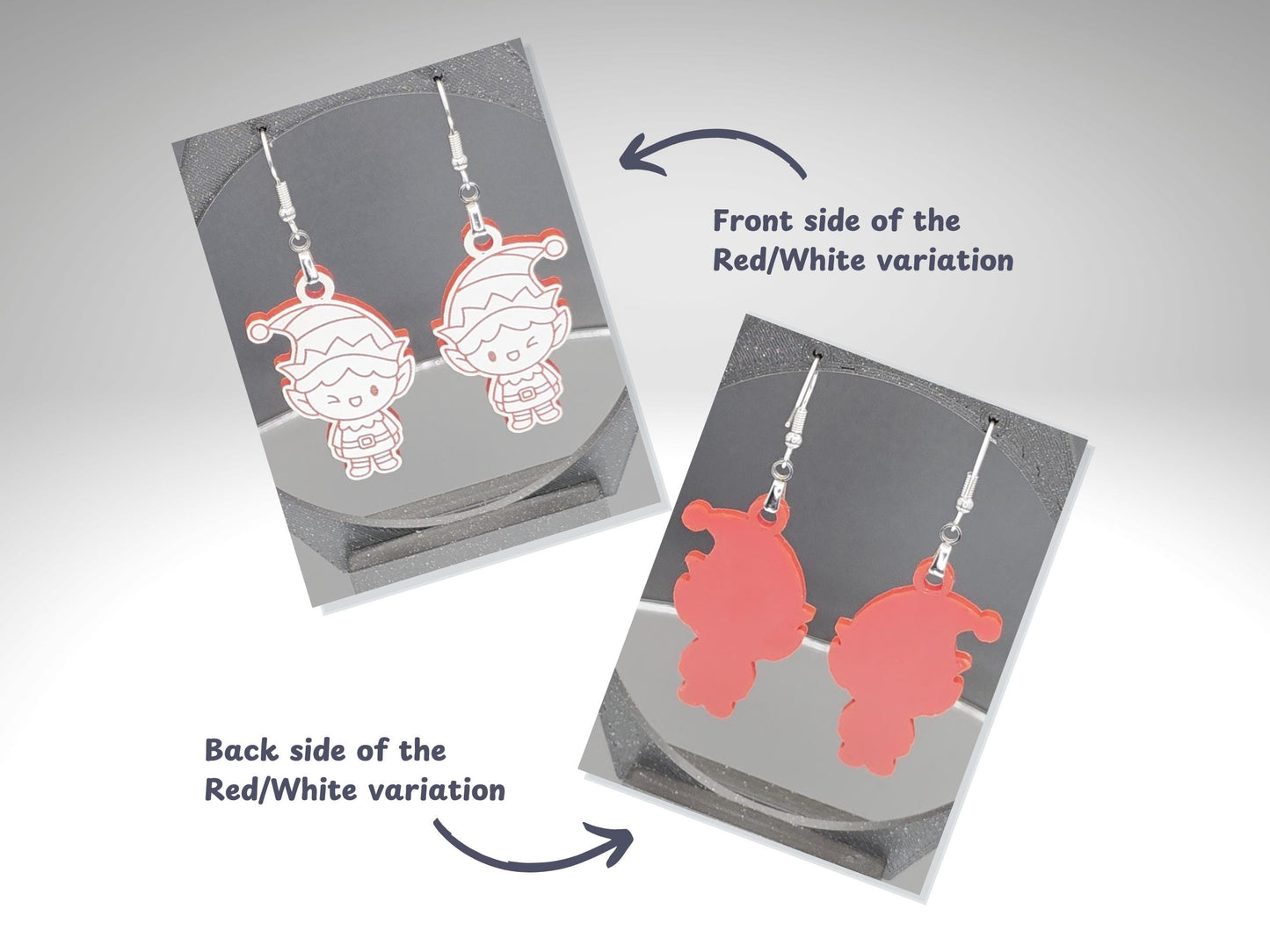 Two photos showing the front and back of the red and white acrylic elf earrings. The left image features the engraved front side with white elf linework and red backing showing through, while the right image displays the smooth solid red back. Earrings hang from stainless steel hooks on a gray display card.