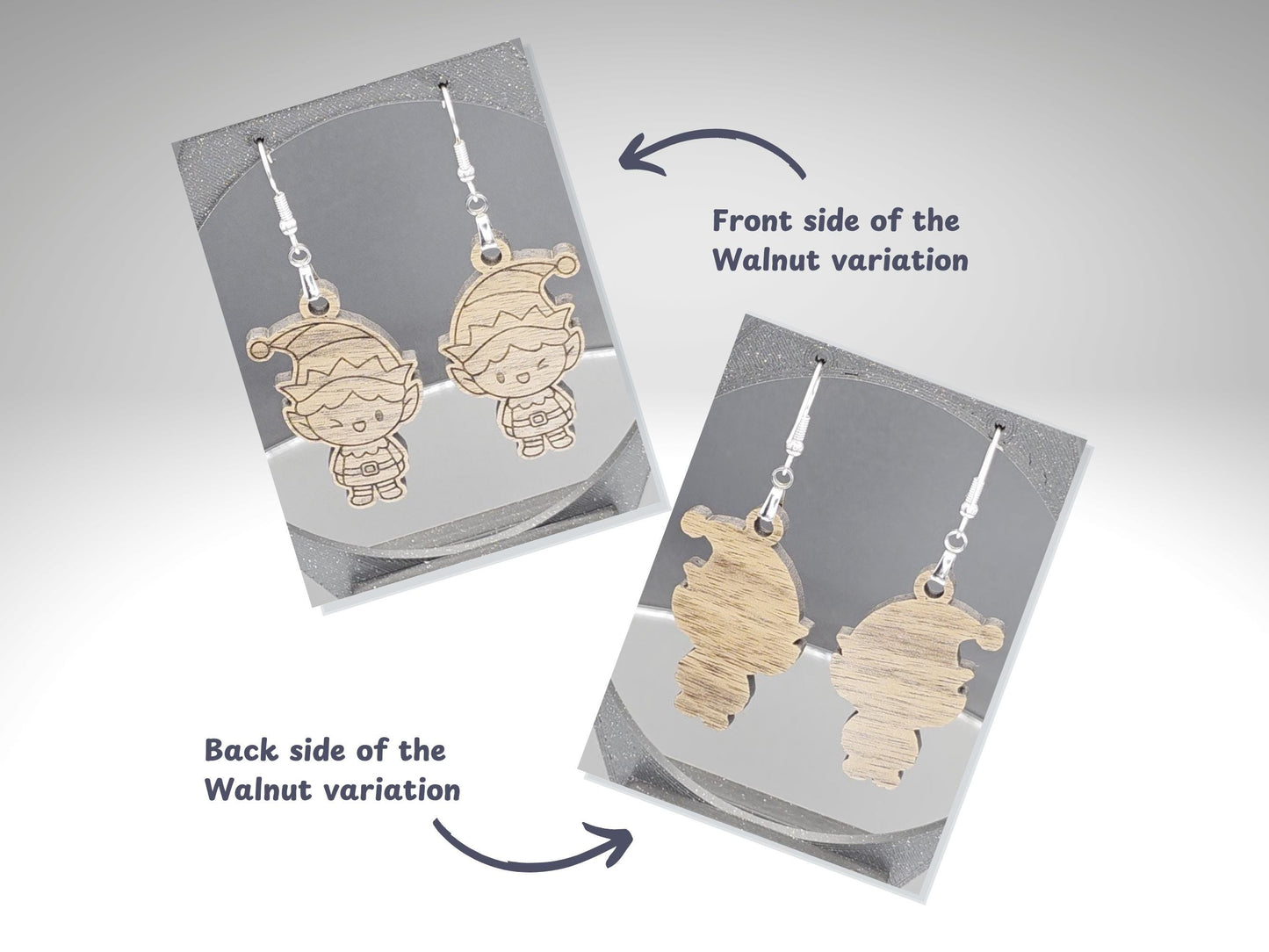 Two images showing the front and back of the walnut wood elf earrings. The left photo highlights the engraved front with dark etched details on natural walnut grain, while the right photo shows the smooth wood backing. Both earrings hang from nickel-free hooks on a gray display.