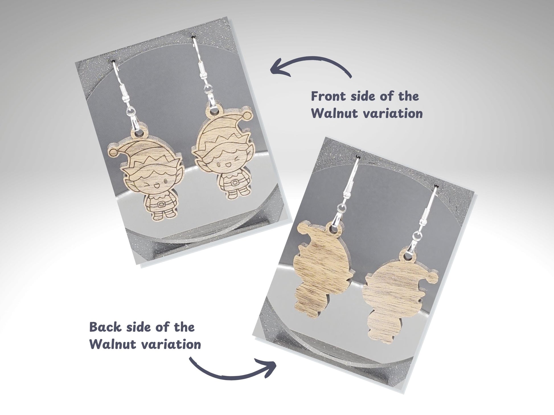 Two images showing the front and back of the walnut wood elf earrings. The left photo highlights the engraved front with dark etched details on natural walnut grain, while the right photo shows the smooth wood backing. Both earrings hang from nickel-free hooks on a gray display.