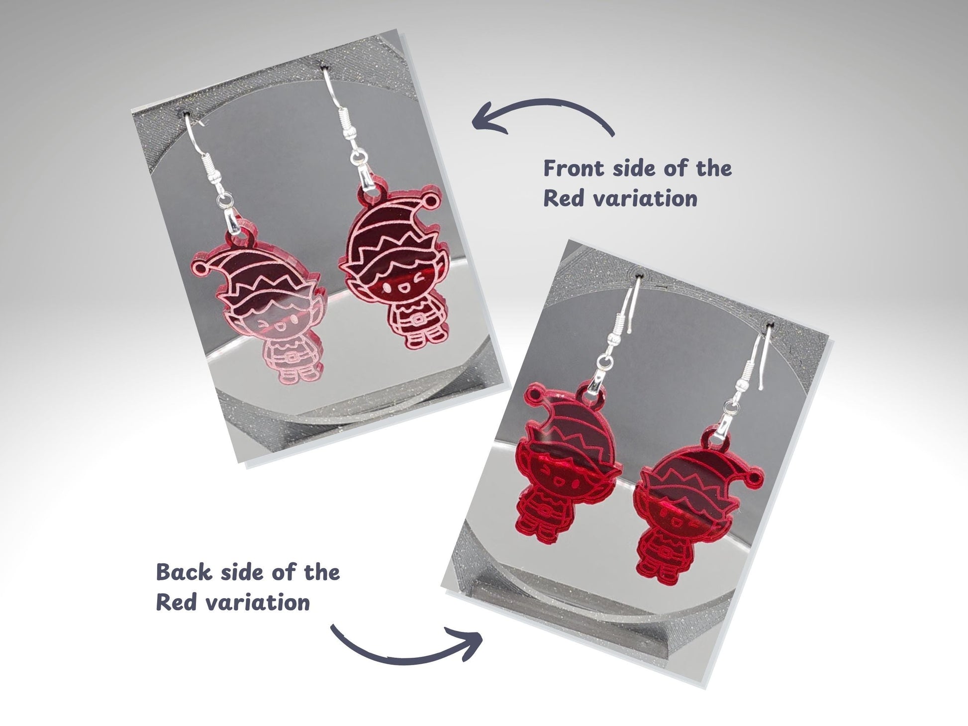 Two side-by-side photos showing the front and back of the red acrylic elf dangle earrings. The left image displays the engraved front side of the red elf earrings with clear etched details, while the right image shows the smooth, solid red backing. Both pairs hang from nickel-free stainless steel hooks against a gray display card.