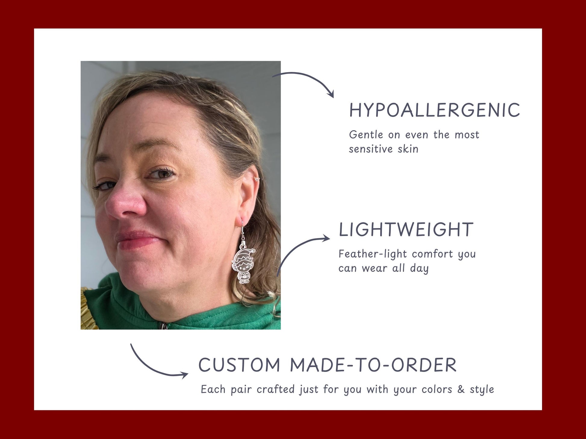 Model wearing frosted acrylic elf earrings with text callouts describing key features: hypoallergenic hooks, lightweight design, and custom made-to-order craftsmanship. Earrings hang comfortably from the ear with clear engraved details.