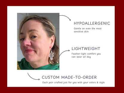 Model wearing frosted acrylic elf earrings with text callouts describing key features: hypoallergenic hooks, lightweight design, and custom made-to-order craftsmanship. Earrings hang comfortably from the ear with clear engraved details.
