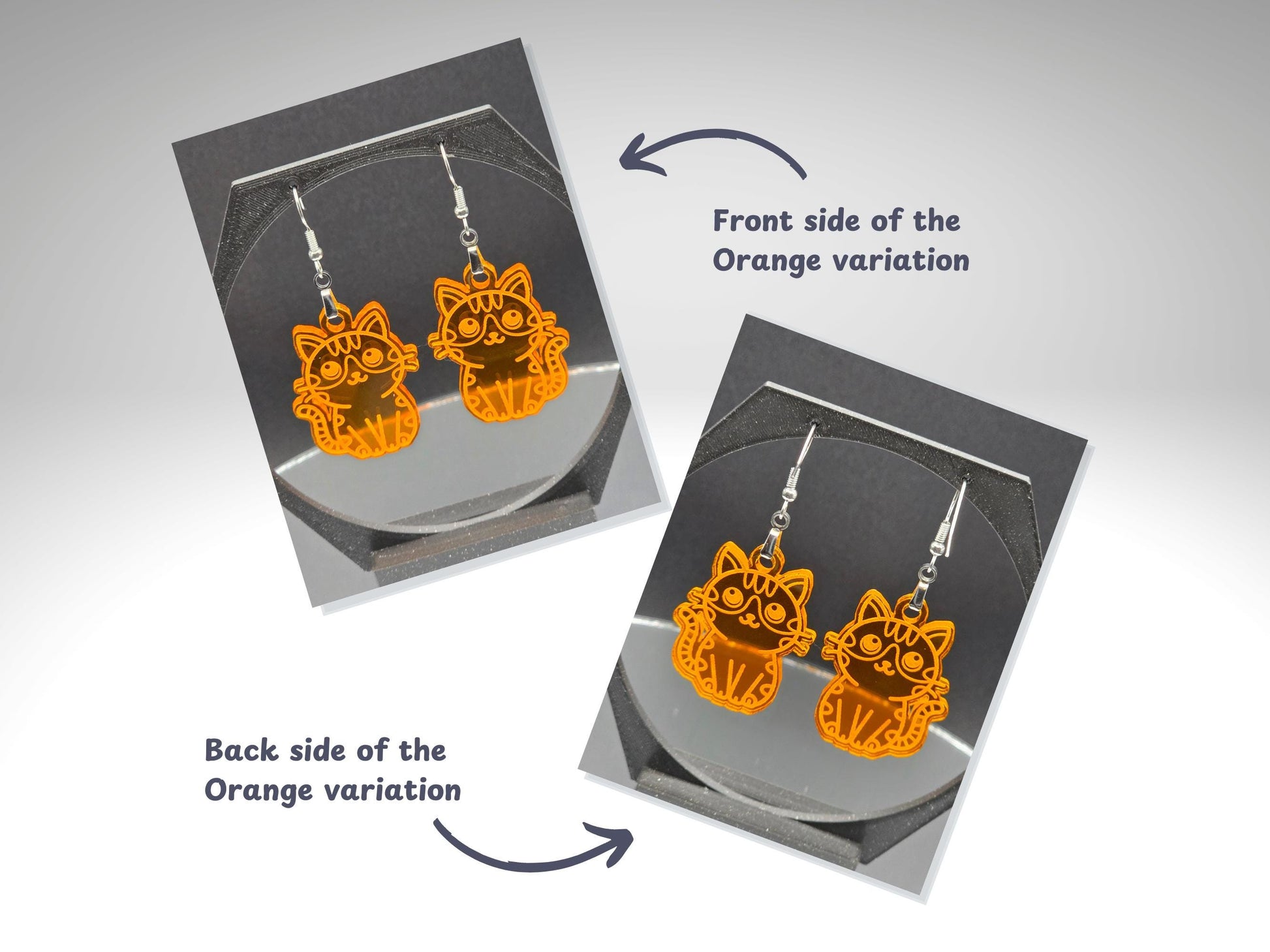 Front and back view of orange acrylic cat earrings displayed on a jewelry stand. The front side has a bright, engraved cat design, and the back shows a reversed engraving. Arrows and labels identify the front and back of the orange variation.