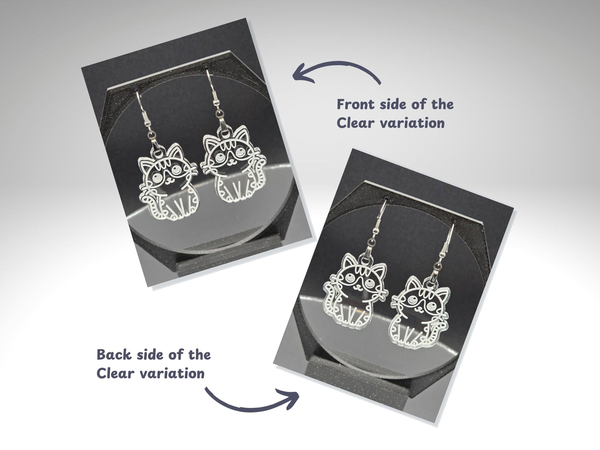 Front and back view of clear frosted acrylic cat earrings shown on a jewelry display stand. The front engraving is bold and visible, while the back engraving shows a lighter outline. Text labels and arrows identify each side.