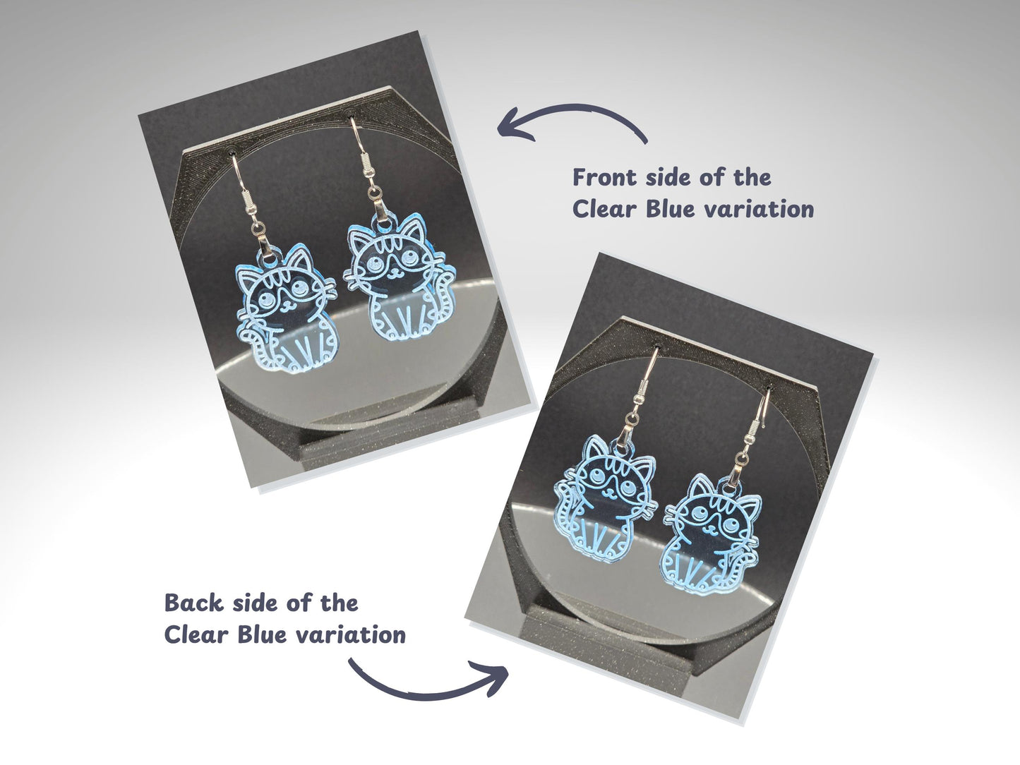 Front and back view of clear blue acrylic cat earrings displayed on a rotating stand. The front engraving appears bright and crisp, while the back engraving shows a softer outline of the same cat design. Arrows and text labels indicate the front and back sides.