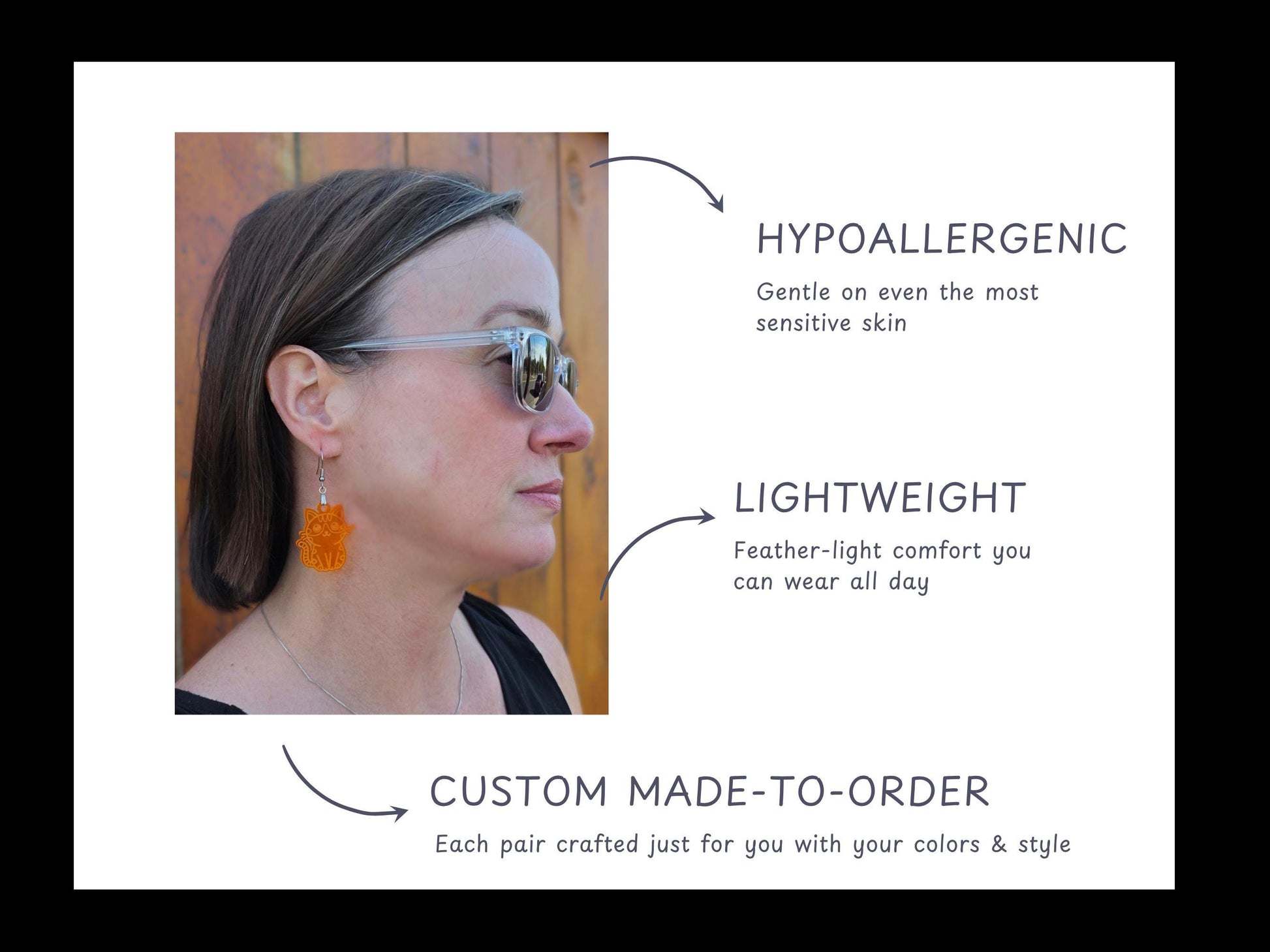 Woman wearing orange acrylic cat earrings outdoors. Surrounding text highlights product features: hypoallergenic hooks, lightweight feel, and custom made-to-order craftsmanship.