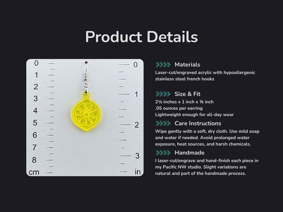 Infographic listing materials, exact measurements, care instructions, and studio note for the acrylic lemon earrings, alongside a photo of one earring against a ruler.
