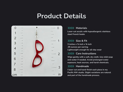 Infographic listing materials, exact measurements, care instructions, and studio note for the acrylic cat-eye earrings, alongside a photo of the red glitter pair against a ruler.
