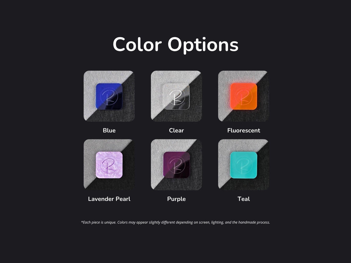 Six acrylic color swatches: blue, clear, fluorescent, lavender pearl, purple, and teal, laid on a dual color felt background to demonstrate level of transparency and color variation.