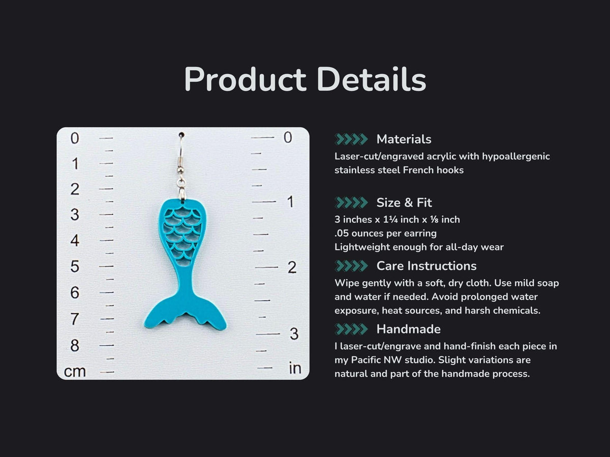 Teal acrylic mermaid tail earring on a measuring card showing a 3-inch length, next to details on materials, size, and care.