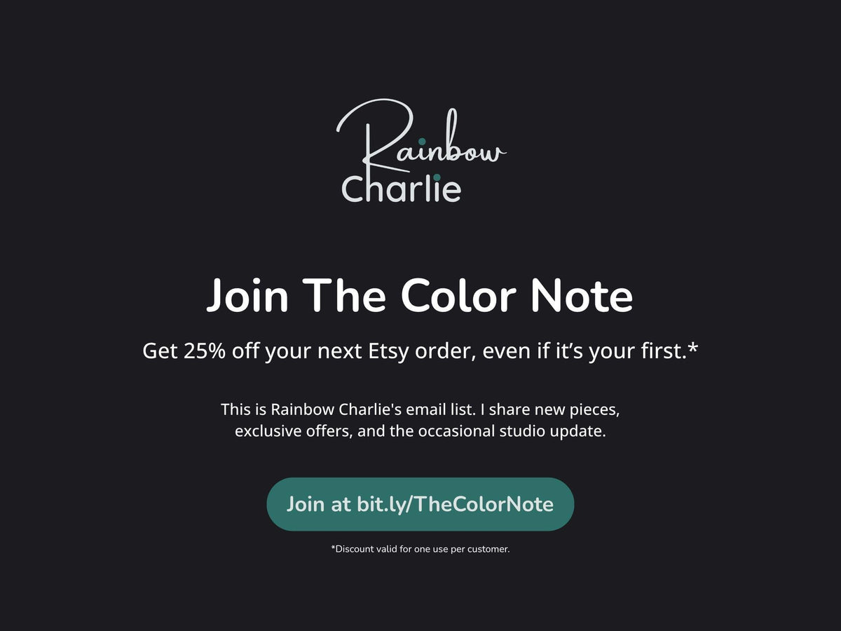 Rainbow Charlie email signup graphic inviting shoppers to join The Color Note for 25% off their next Etsy order.