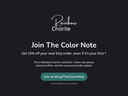 Rainbow Charlie email signup graphic inviting shoppers to join The Color Note for 25% off their next Etsy order.