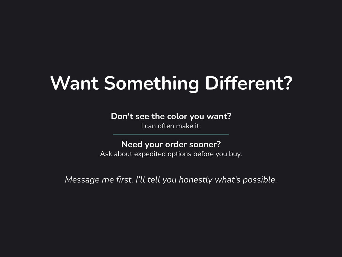Graphic noting custom color requests and rush order options are available by message before purchase.